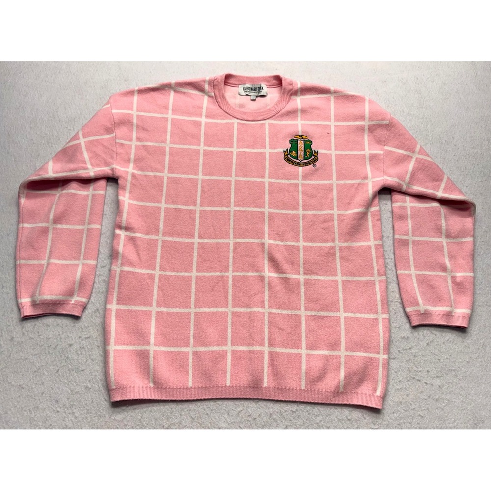 Fashionably Greek Alpha Kappa Alpha AKA Pink Grid Knit Sweater Large Sorority